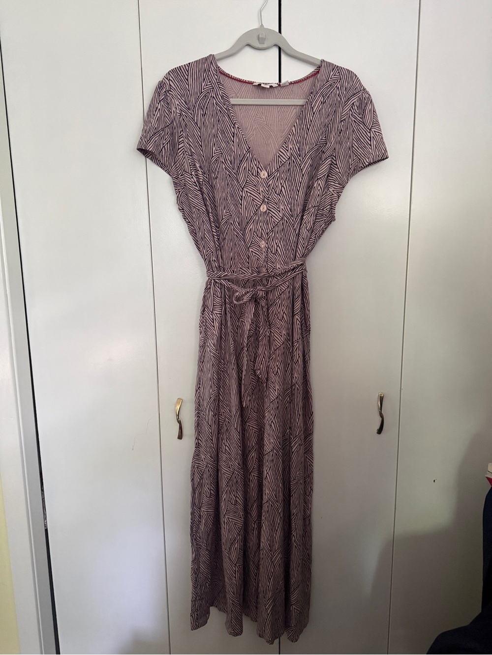 Boden Light Pink Patterned Jersey Maxi Dress with Waist Tie and Button Front
